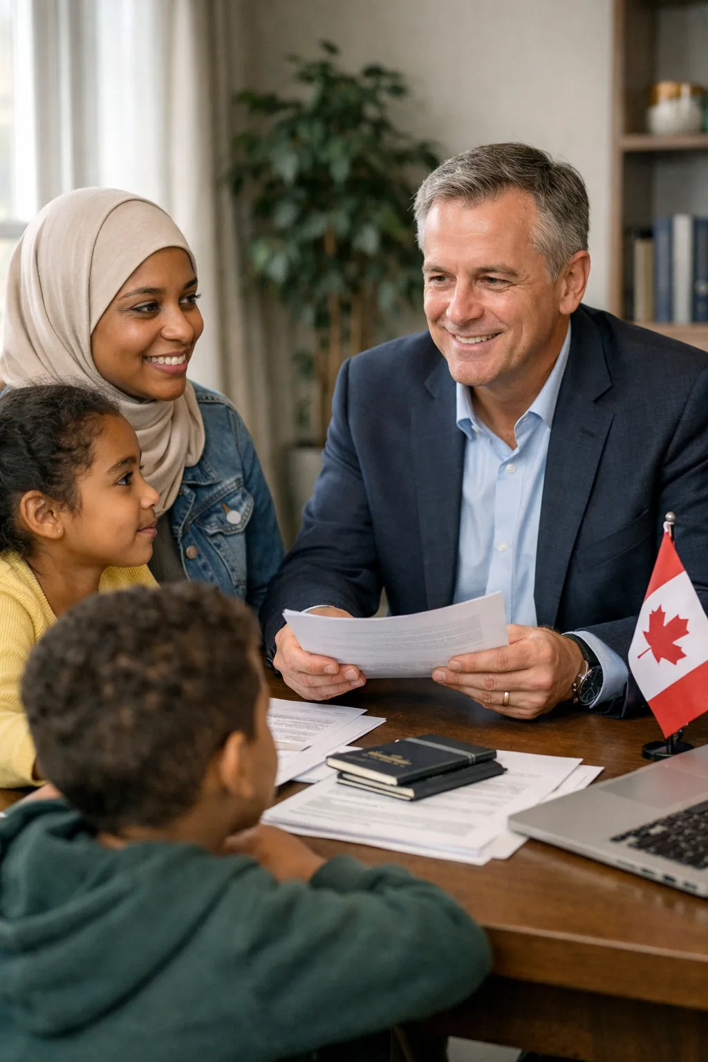 A family meeting with an immigration consultant, representing refugee claimants seeking protection in Canada